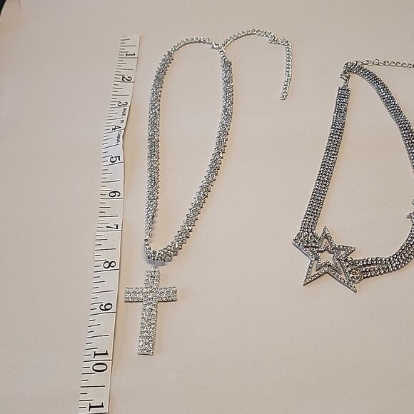 Cross and Star Crystal Rhinestone Necklaces Silver Tone - Picture 4 of 5